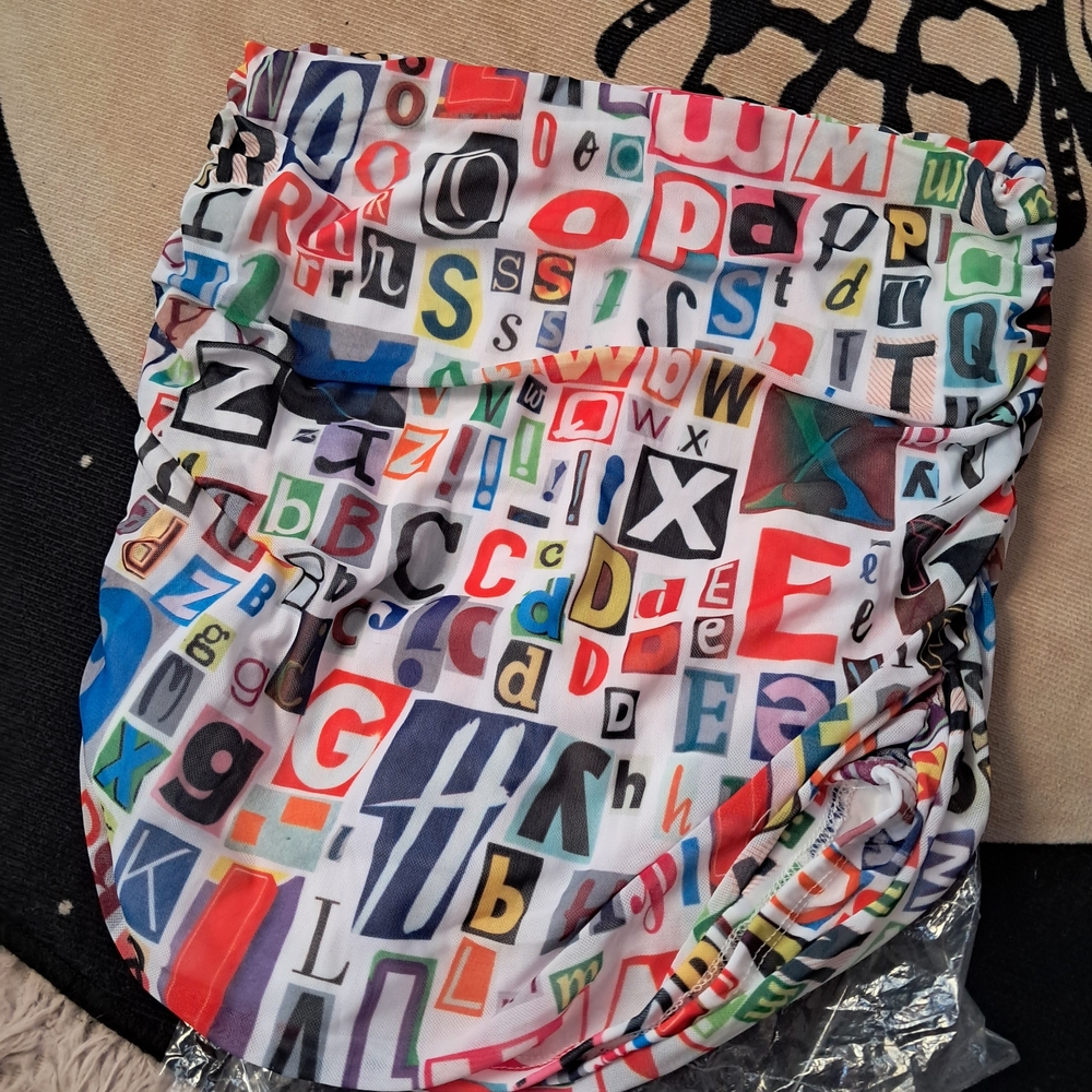 Dolls KILL- Shelly-Colorful Alphabet Print Mini Bodycon Skirt W Mesh Overlay NWT